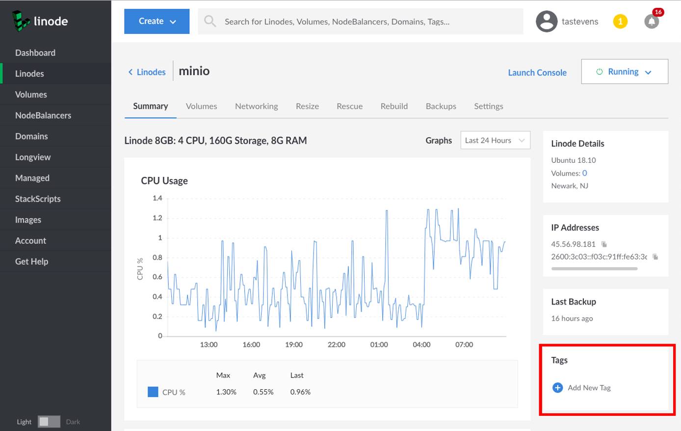 Location of Tags box for a Linode