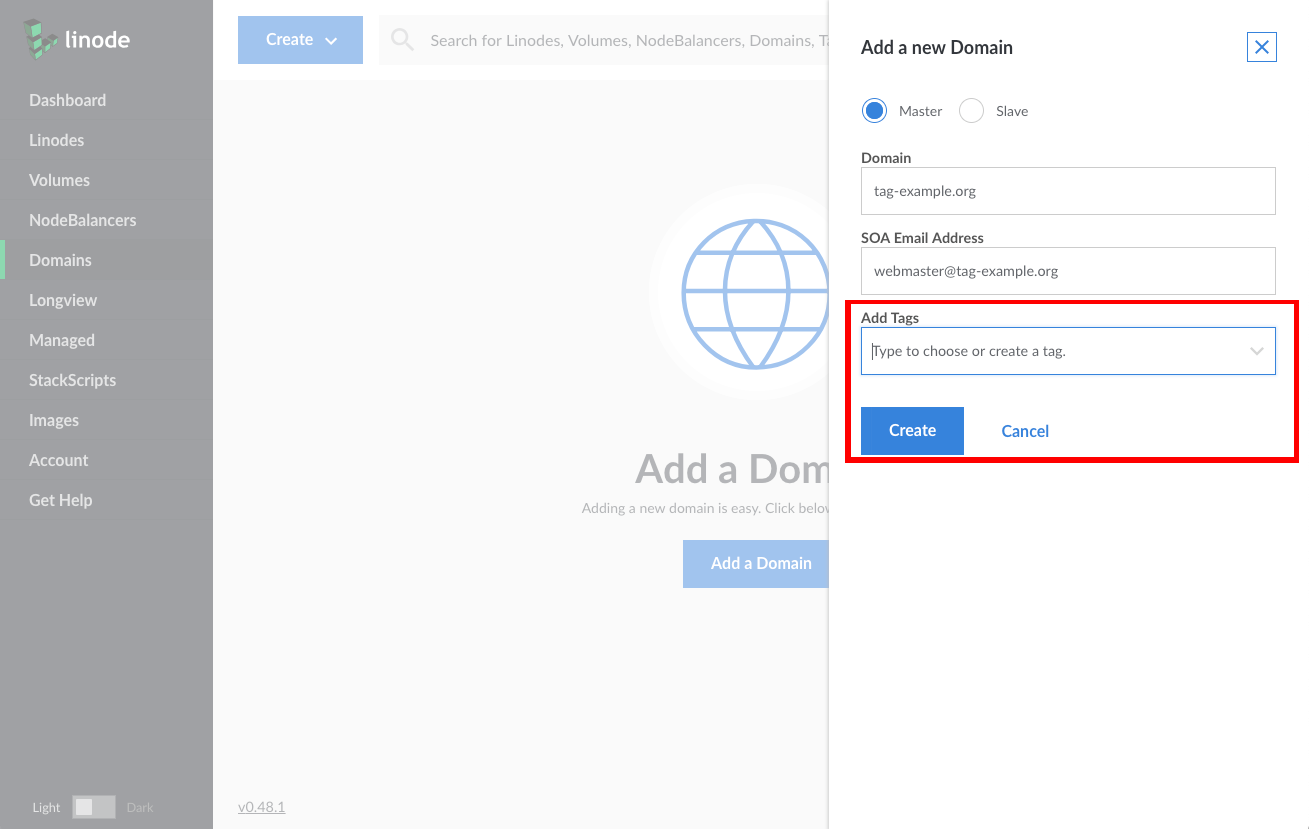 Tags field in the domain creation form