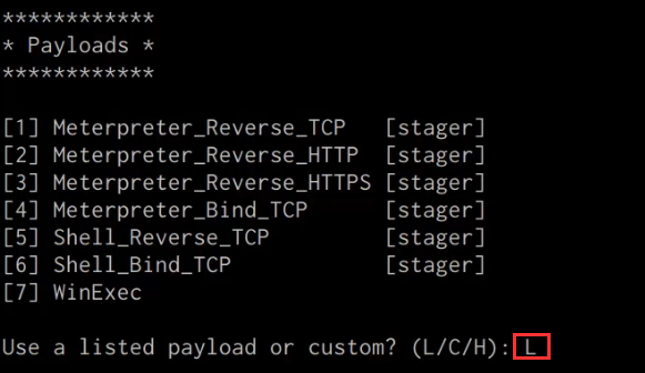 Shellter payload selection menu