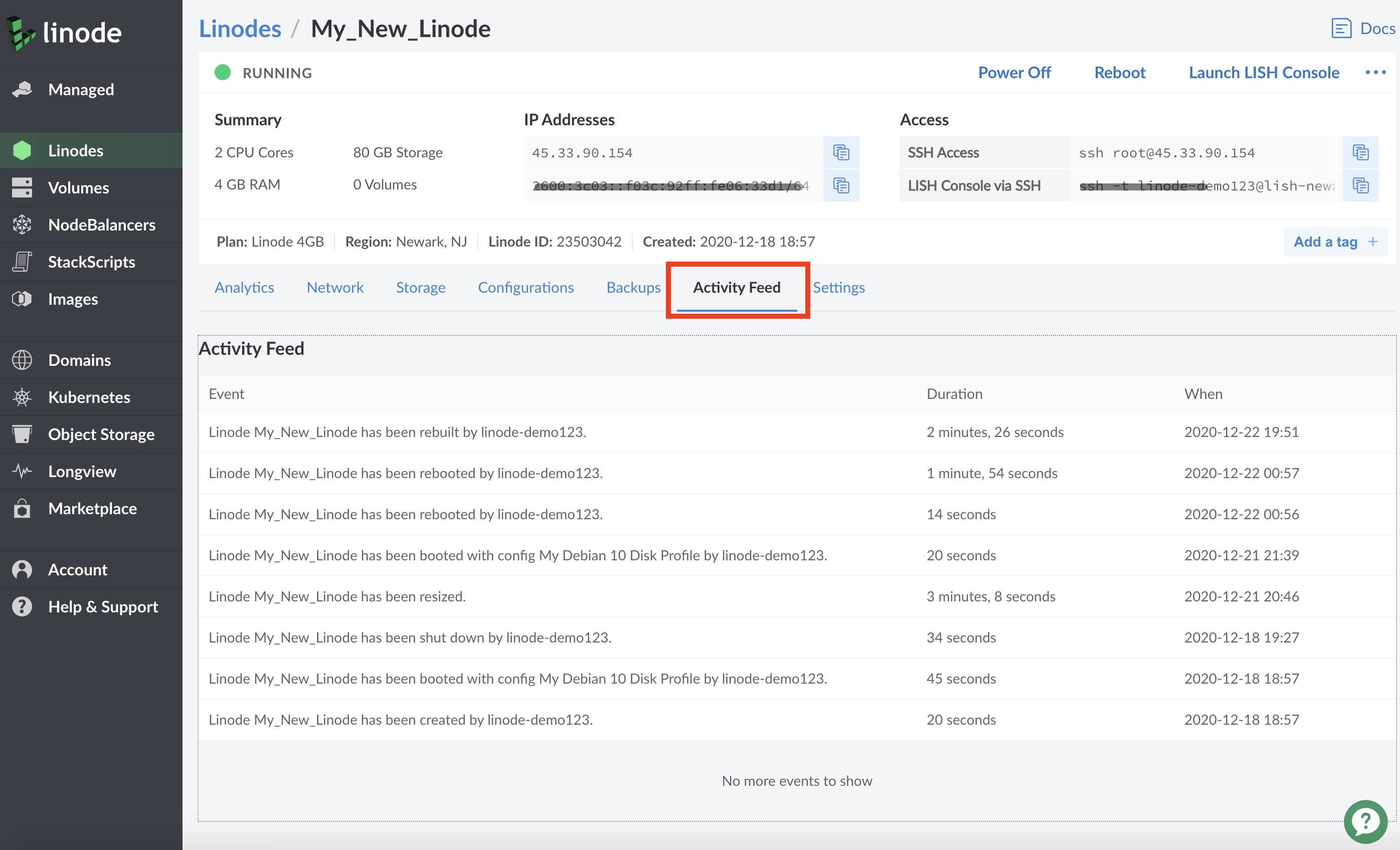 Linode Cloud Manager Activity - Activity